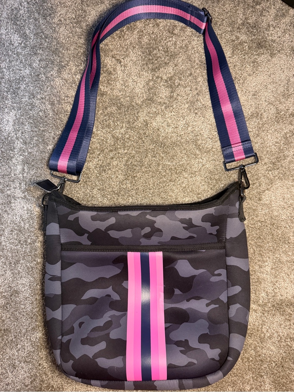Grey and navy  Camo Crossbody Bag with Pink Stripe